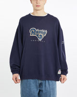 Vintage, Reebok, NFL, St., Louis, Rams, Sweatshirt, The Real Deal, size double extra large, colour Navy, newtown, sydney, australia, thrift store, opshop, preloved, secondhand, sustainable, retro, antique, 70s, 80s, 90s, 2000s, 00s, fashion, clothing, streetwear, trendy, garment, style, boutique, store, shop, archive, sale, cheap, best, top, Sweats and hoodies