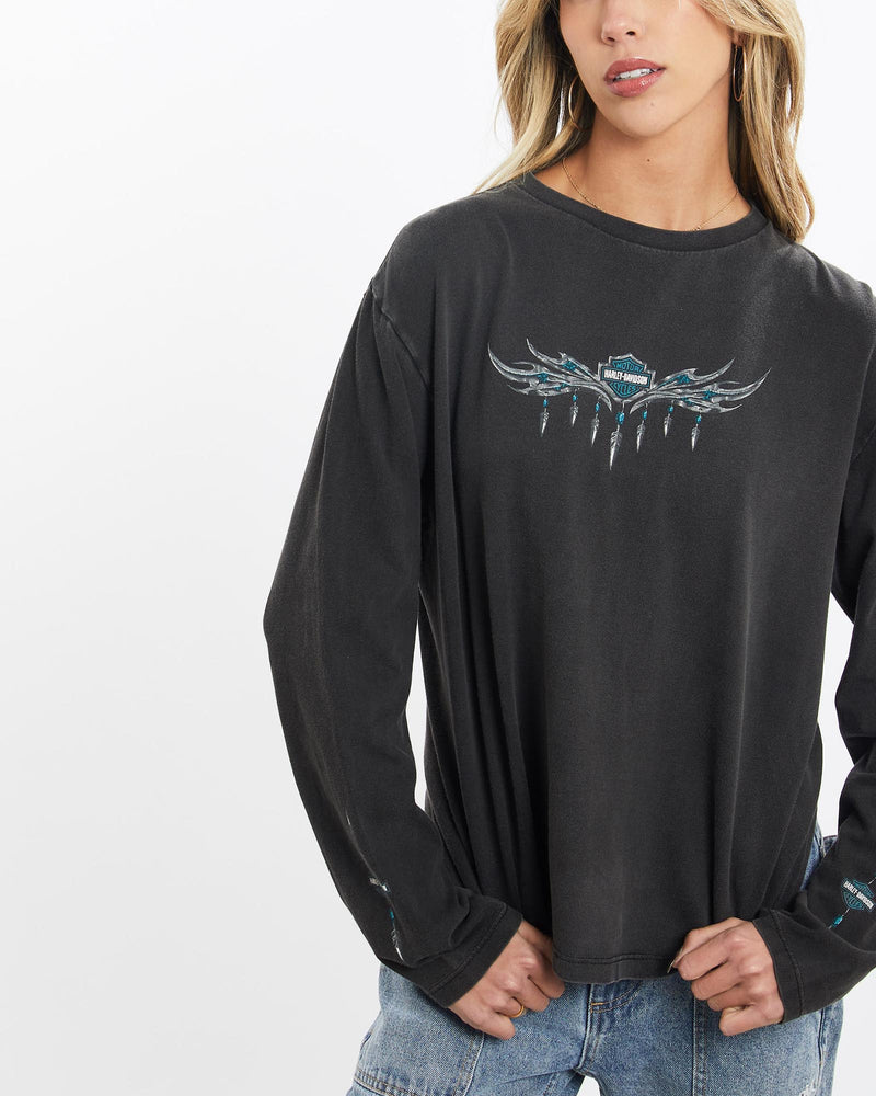 Vintage, Harley, Davidson, Long, Sleeve, Tee, The Real Deal, size small, colour Black, newtown, sydney, australia, thrift store, opshop, preloved, secondhand, sustainable, retro, antique, 70s, 80s, 90s, 2000s, 00s, fashion, clothing, streetwear, trendy, garment, style, boutique, store, shop, archive, sale, cheap, best, top, T-Shirts