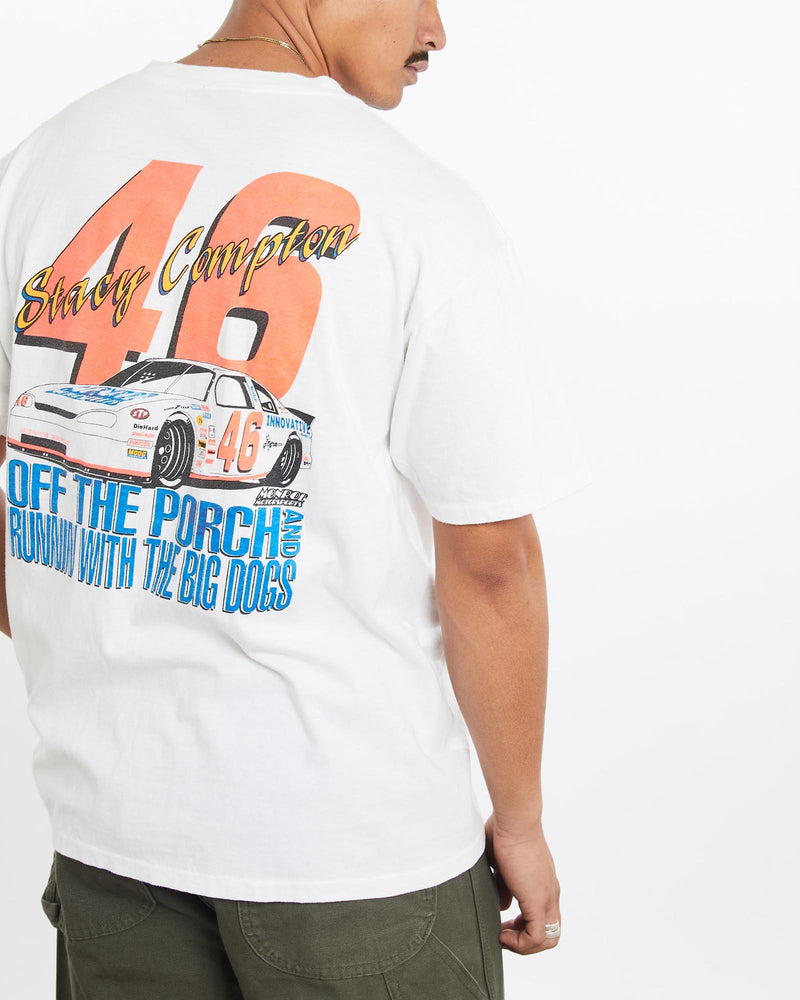 Vintage, 90s, Stacy, Compton, Racing, Tee, The Real Deal, size large, colour White, newtown, sydney, australia, thrift store, opshop, preloved, secondhand, sustainable, retro, antique, 70s, 80s, 90s, 2000s, 00s, fashion, clothing, streetwear, trendy, garment, style, boutique, store, shop, archive, sale, cheap, best, top, T-Shirts