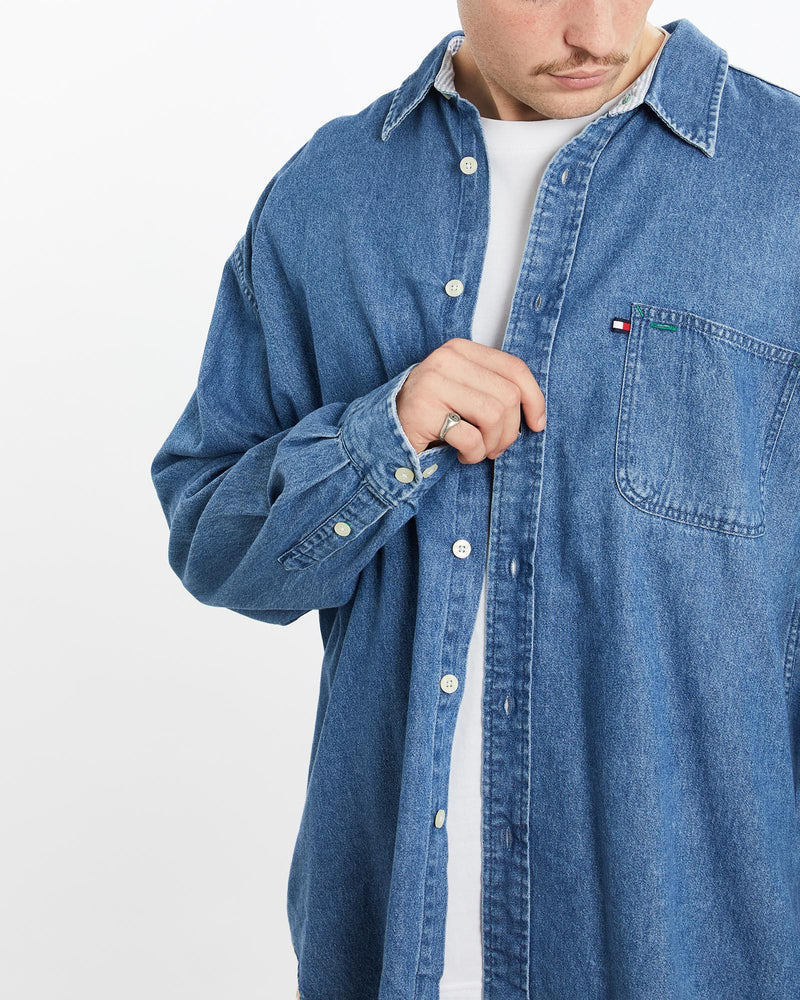 Vintage, 90s, Tommy, Hilfiger, Jeans, Denim, Button, Up, Shirt, The Real Deal, size extra large, colour Blue, newtown, sydney, australia, thrift store, opshop, preloved, secondhand, sustainable, retro, antique, 70s, 80s, 90s, 2000s, 00s, fashion, clothing, streetwear, trendy, garment, style, boutique, store, shop, archive, sale, cheap, best, top, Shirts