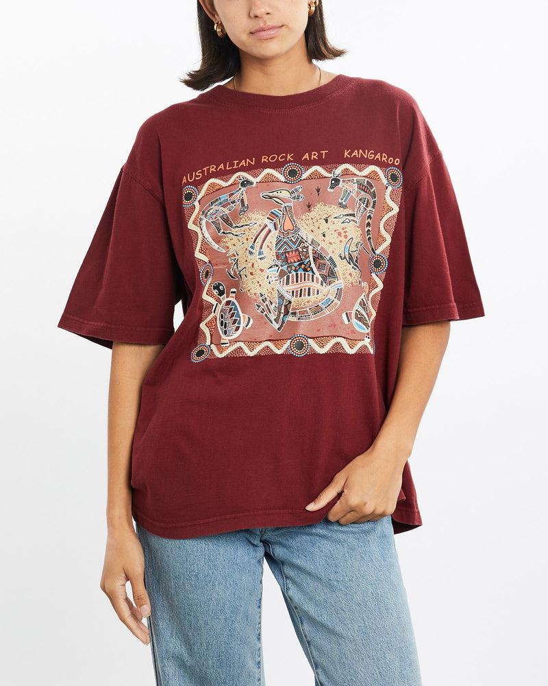 Vintage, Australian, Aboriginal, Rock, Art, Tee, The Real Deal, size medium, colour Burgundy, newtown, sydney, australia, thrift store, opshop, preloved, secondhand, sustainable, retro, antique, 70s, 80s, 90s, 2000s, 00s, fashion, clothing, streetwear, trendy, garment, style, boutique, store, shop, archive, sale, cheap, best, top, T-Shirts