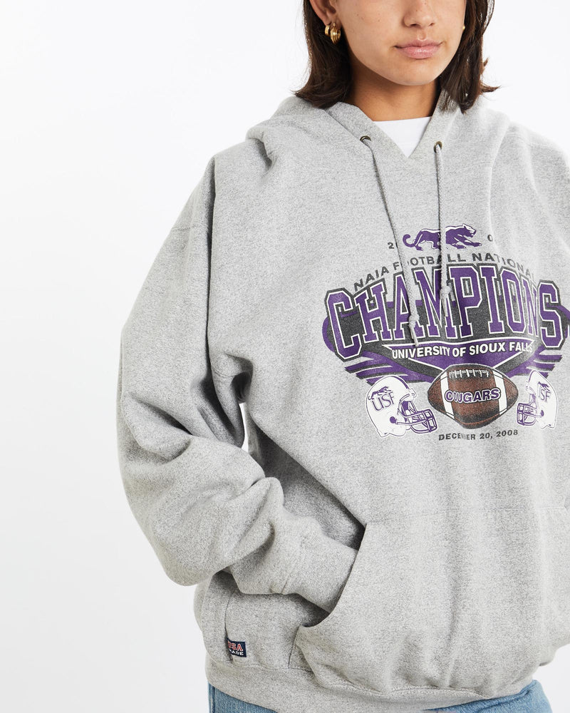 Vintage, University, of, Sioux, Falls, Cougars, Hooded, Sweatshirt, The Real Deal, size small, colour Grey, newtown, sydney, australia, thrift store, opshop, preloved, secondhand, sustainable, retro, antique, 70s, 80s, 90s, 2000s, 00s, fashion, clothing, streetwear, trendy, garment, style, boutique, store, shop, archive, sale, cheap, best, top, Sweats and hoodies