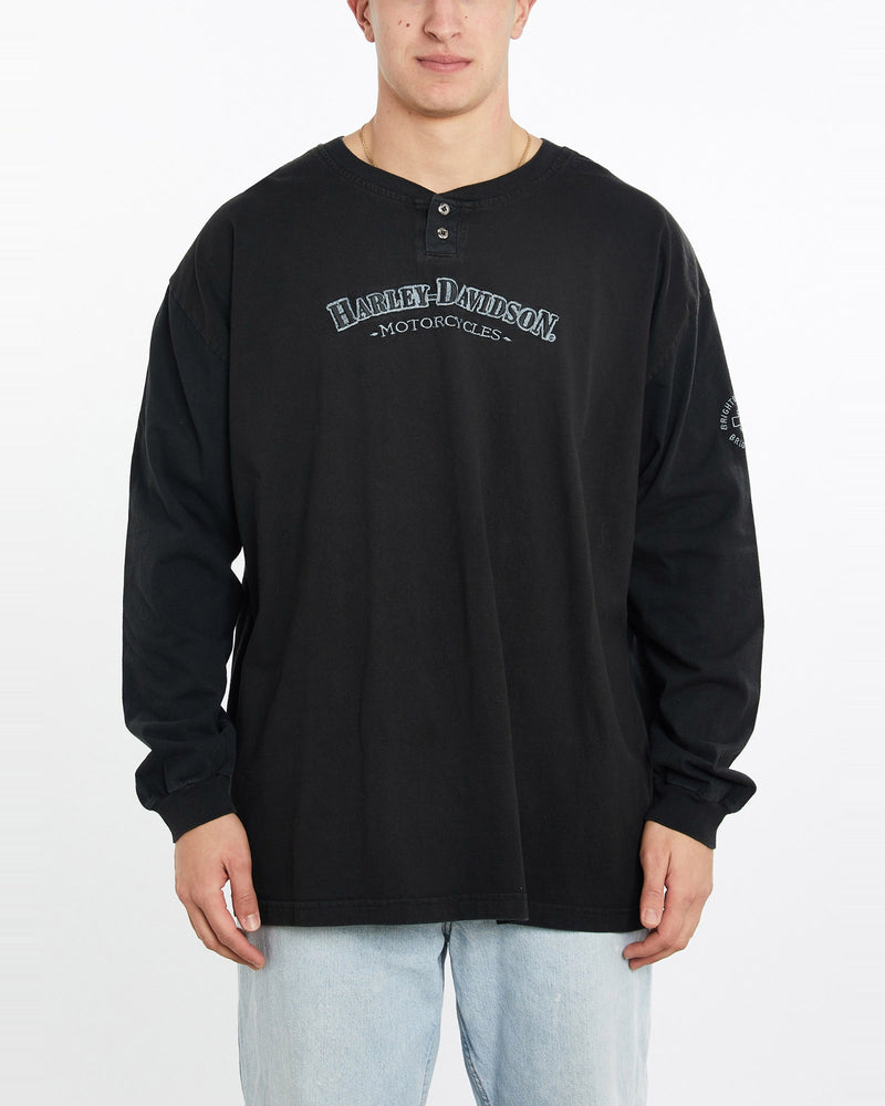 Vintage, Harley, Davidson, Long, Sleeve, Henley, Tee, The Real Deal, size double extra large, colour Black, newtown, sydney, australia, thrift store, opshop, preloved, secondhand, sustainable, retro, antique, 70s, 80s, 90s, 2000s, 00s, fashion, clothing, streetwear, trendy, garment, style, boutique, store, shop, archive, sale, cheap, best, top, T-Shirts