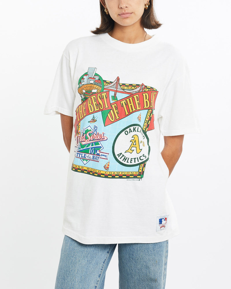 Vintage, 1989, MLB, Oakland, Athletics, Tee, The Real Deal, size small, colour White, newtown, sydney, australia, thrift store, opshop, preloved, secondhand, sustainable, retro, antique, 70s, 80s, 90s, 2000s, 00s, fashion, clothing, streetwear, trendy, garment, style, boutique, store, shop, archive, sale, cheap, best, top, T-Shirts