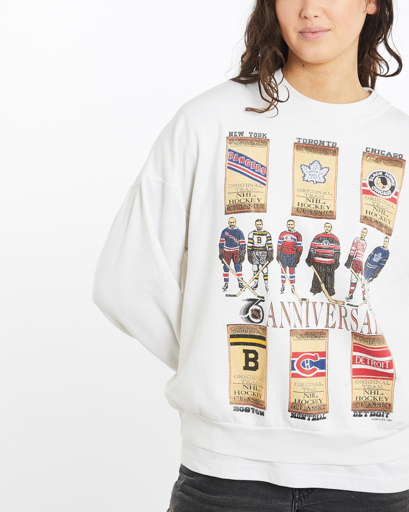 Vintage, 1991, Canadian, Hockey, League, Sweatshirt, The Real Deal, size medium, colour White, newtown, sydney, australia, thrift store, opshop, preloved, secondhand, sustainable, retro, antique, 70s, 80s, 90s, 2000s, 00s, fashion, clothing, streetwear, trendy, garment, style, boutique, store, shop, archive, sale, cheap, best, top, Sweats and hoodies