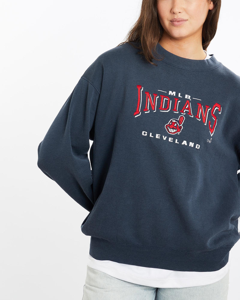 Vintage, 90s, MLB, Cleveland, Indians, Sweatshirt, The Real Deal, size medium, colour Blue, newtown, sydney, australia, thrift store, opshop, preloved, secondhand, sustainable, retro, antique, 70s, 80s, 90s, 2000s, 00s, fashion, clothing, streetwear, trendy, garment, style, boutique, store, shop, archive, sale, cheap, best, top, Sweats and hoodies