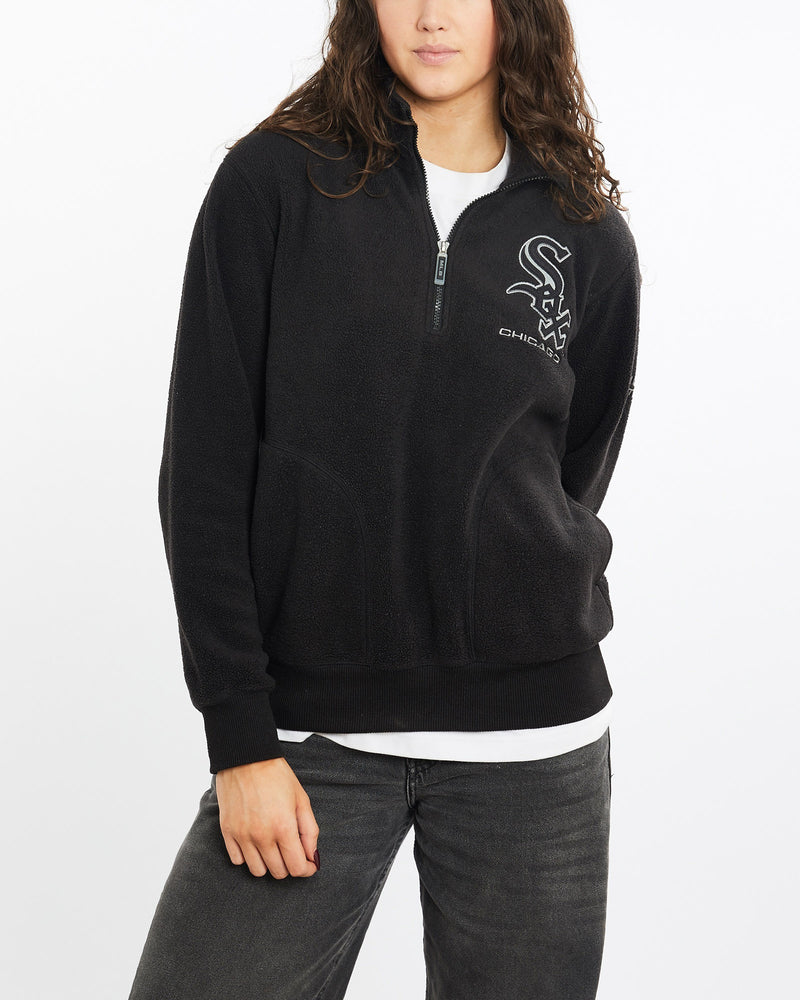 Vintage, MLB, Chicago, White, Sox, Quarter, Zip, Fleece, Sweatshirt, The Real Deal, size medium, colour Black, newtown, sydney, australia, thrift store, opshop, preloved, secondhand, sustainable, retro, antique, 70s, 80s, 90s, 2000s, 00s, fashion, clothing, streetwear, trendy, garment, style, boutique, store, shop, archive, sale, cheap, best, top, Sweats and hoodies