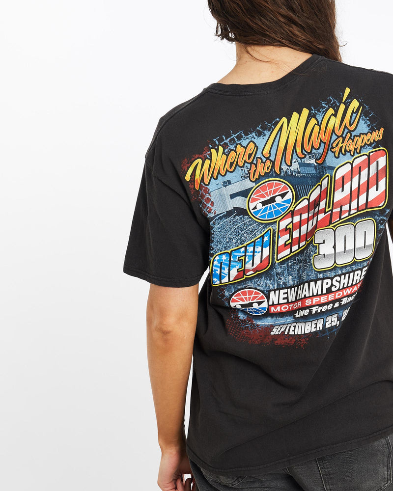 New, England, Motor, Speedway, Racing, Tee, The Real Deal, size medium, colour Black, newtown, sydney, australia, thrift store, opshop, preloved, secondhand, sustainable, retro, antique, 70s, 80s, 90s, 2000s, 00s, fashion, clothing, streetwear, trendy, garment, style, boutique, store, shop, archive, sale, cheap, best, top, T-Shirts