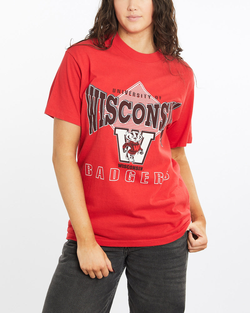 Vintage, 90s, NCAA, Wisconsin, Badgers, Tee, The Real Deal, size medium, colour Red, newtown, sydney, australia, thrift store, opshop, preloved, secondhand, sustainable, retro, antique, 70s, 80s, 90s, 2000s, 00s, fashion, clothing, streetwear, trendy, garment, style, boutique, store, shop, archive, sale, cheap, best, top, T-Shirts