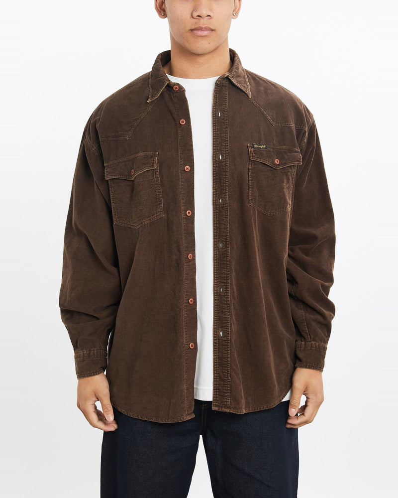 Vintage, Wrangler, Corduroy, Button, Up, Shirt, The Real Deal, size large, colour Brown, newtown, sydney, australia, thrift store, opshop, preloved, secondhand, sustainable, retro, antique, 70s, 80s, 90s, 2000s, 00s, fashion, clothing, streetwear, trendy, garment, style, boutique, store, shop, archive, sale, cheap, best, top, Shirts