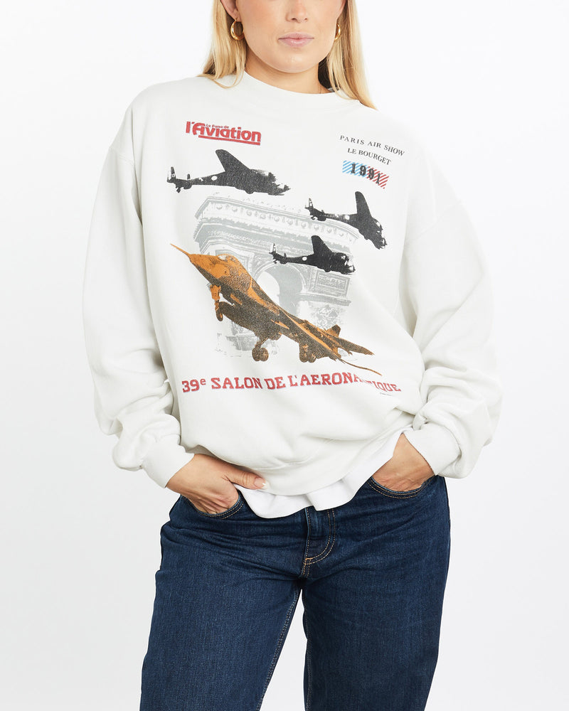 Vintage, 1991, Paris, Air, Show, Sweatshirt, The Real Deal, size medium, colour White, newtown, sydney, australia, thrift store, opshop, preloved, secondhand, sustainable, retro, antique, 70s, 80s, 90s, 2000s, 00s, fashion, clothing, streetwear, trendy, garment, style, boutique, store, shop, archive, sale, cheap, best, top, Sweats and hoodies