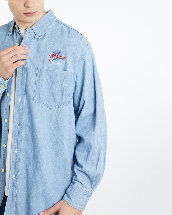 Vintage, 90s, Planet, Hollywood, Denim, Button, Up, Shirt, The Real Deal, size extra large, colour Blue, newtown, sydney, australia, thrift store, opshop, preloved, secondhand, sustainable, retro, antique, 70s, 80s, 90s, 2000s, 00s, fashion, clothing, streetwear, trendy, garment, style, boutique, store, shop, archive, sale, cheap, best, top, Shirts