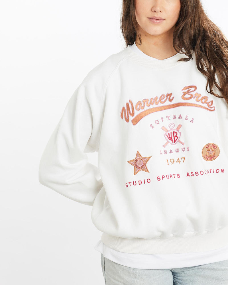 Vintage, 90s, Warner, Bros, Softball, League, Sweatshirt, The Real Deal, size medium, colour White, newtown, sydney, australia, thrift store, opshop, preloved, secondhand, sustainable, retro, antique, 70s, 80s, 90s, 2000s, 00s, fashion, clothing, streetwear, trendy, garment, style, boutique, store, shop, archive, sale, cheap, best, top, Sweats and hoodies