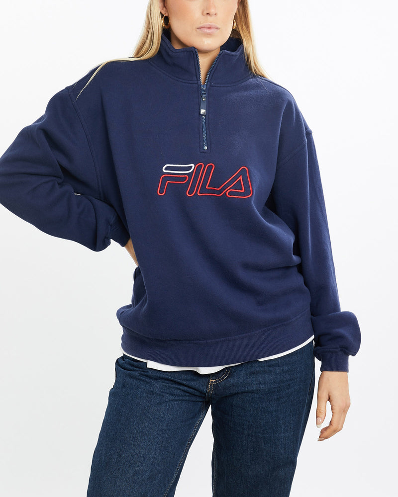Vintage, 90s, Fila, Quarter, Zip, Sweatshirt, The Real Deal, size medium, colour Navy, newtown, sydney, australia, thrift store, opshop, preloved, secondhand, sustainable, retro, antique, 70s, 80s, 90s, 2000s, 00s, fashion, clothing, streetwear, trendy, garment, style, boutique, store, shop, archive, sale, cheap, best, top, Sweats and hoodies