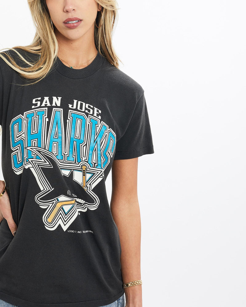 Vintage, 1991, NHL, San, Jose, Sharks, Tee, The Real Deal, size extra small, colour Black, newtown, sydney, australia, thrift store, opshop, preloved, secondhand, sustainable, retro, antique, 70s, 80s, 90s, 2000s, 00s, fashion, clothing, streetwear, trendy, garment, style, boutique, store, shop, archive, sale, cheap, best, top, T-Shirts