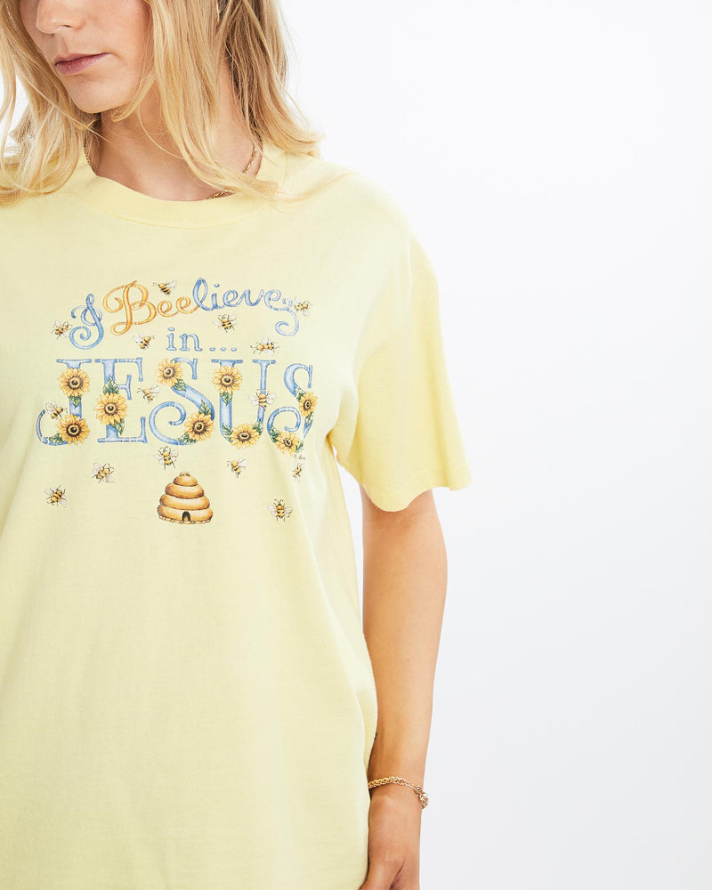 Vintage, 90s, Jesus, Bee, Tee, The Real Deal, size medium, colour Yellow, newtown, sydney, australia, thrift store, opshop, preloved, secondhand, sustainable, retro, antique, 70s, 80s, 90s, 2000s, 00s, fashion, clothing, streetwear, trendy, garment, style, boutique, store, shop, archive, sale, cheap, best, top, T-Shirts