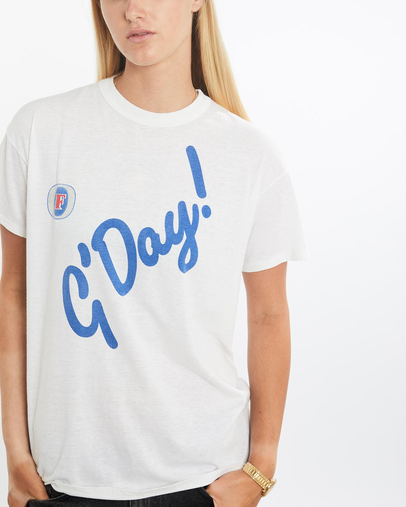 Vintage, 80s, Fosters, Beer, G'Day!', Tee, The Real Deal, size small, colour White, newtown, sydney, australia, thrift store, opshop, preloved, secondhand, sustainable, retro, antique, 70s, 80s, 90s, 2000s, 00s, fashion, clothing, streetwear, trendy, garment, style, boutique, store, shop, archive, sale, cheap, best, top, T-Shirts