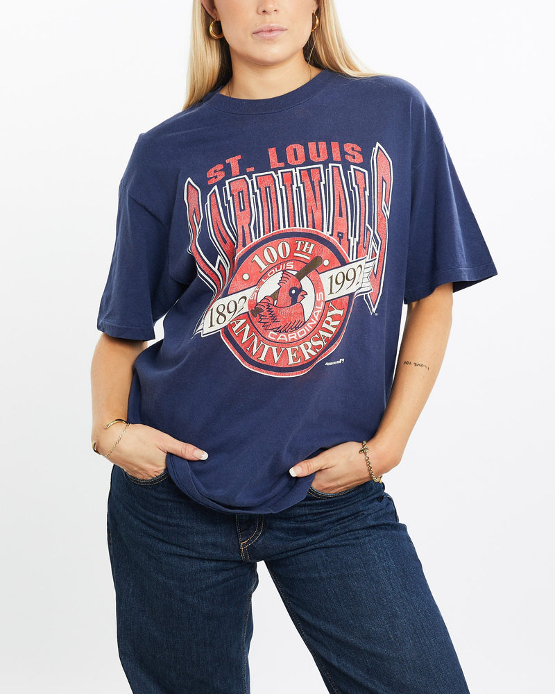 Vintage, 1992, MLB, St., Louis, Cardinals, Tee, The Real Deal, size medium, colour Navy, newtown, sydney, australia, thrift store, opshop, preloved, secondhand, sustainable, retro, antique, 70s, 80s, 90s, 2000s, 00s, fashion, clothing, streetwear, trendy, garment, style, boutique, store, shop, archive, sale, cheap, best, top, T-Shirts