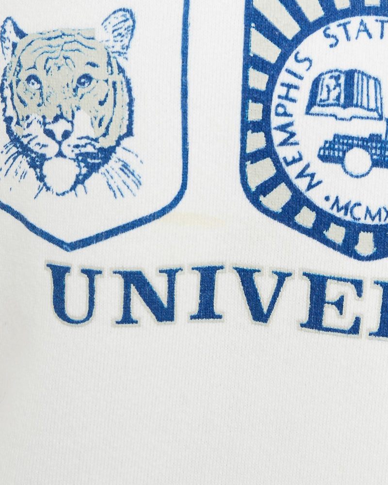 Vintage, 80s, NCAA, Memphis, State, Tigers, Sweatshirt, The Real Deal, size double extra small, colour White, newtown, sydney, australia, thrift store, opshop, preloved, secondhand, sustainable, retro, antique, 70s, 80s, 90s, 2000s, 00s, fashion, clothing, streetwear, trendy, garment, style, boutique, store, shop, archive, sale, cheap, best, top, Sweats and hoodies