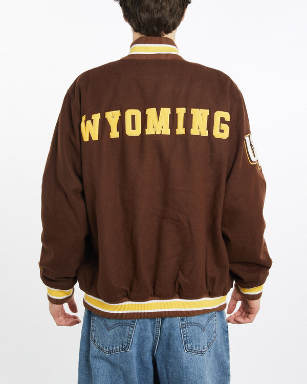 Vintage, University, Of, Wyoming, Varsity, Jacket, The Real Deal, size extra large, colour Brown, newtown, sydney, australia, thrift store, opshop, preloved, secondhand, sustainable, retro, antique, 70s, 80s, 90s, 2000s, 00s, fashion, clothing, streetwear, trendy, garment, style, boutique, store, shop, archive, sale, cheap, best, top, Jackets