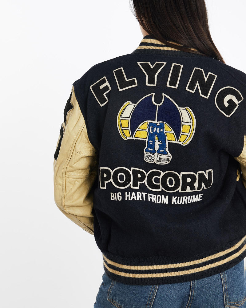 Vintage, 70s, Flying, Popcorn, Karume,, Japan', Varsity, Jacket, The Real Deal, size medium, colour Multicolour, newtown, sydney, australia, thrift store, opshop, preloved, secondhand, sustainable, retro, antique, 70s, 80s, 90s, 2000s, 00s, fashion, clothing, streetwear, trendy, garment, style, boutique, store, shop, archive, sale, cheap, best, top, Jackets