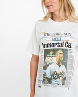 Vintage, 1995, MLB, Baltimore, Orioles, Cal, Ripken', Front, Page, Tee, The Real Deal, size medium, colour White, newtown, sydney, australia, thrift store, opshop, preloved, secondhand, sustainable, retro, antique, 70s, 80s, 90s, 2000s, 00s, fashion, clothing, streetwear, trendy, garment, style, boutique, store, shop, archive, sale, cheap, best, top, T-Shirts