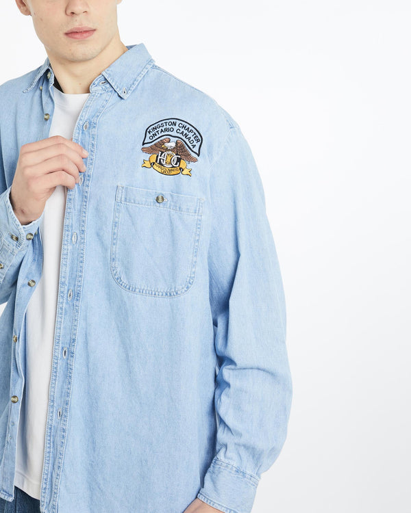 Vintage, 90s, Harley, Davidson, Owners, Group, Denim, Button, Up, Shirt, The Real Deal, size extra large, colour Blue, newtown, sydney, australia, thrift store, opshop, preloved, secondhand, sustainable, retro, antique, 70s, 80s, 90s, 2000s, 00s, fashion, clothing, streetwear, trendy, garment, style, boutique, store, shop, archive, sale, cheap, best, top, Shirts