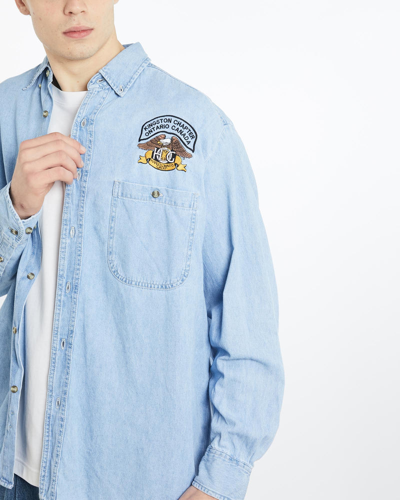Vintage, 90s, Harley, Davidson, Owners, Group, Denim, Button, Up, Shirt, The Real Deal, size extra large, colour Blue, newtown, sydney, australia, thrift store, opshop, preloved, secondhand, sustainable, retro, antique, 70s, 80s, 90s, 2000s, 00s, fashion, clothing, streetwear, trendy, garment, style, boutique, store, shop, archive, sale, cheap, best, top, Shirts
