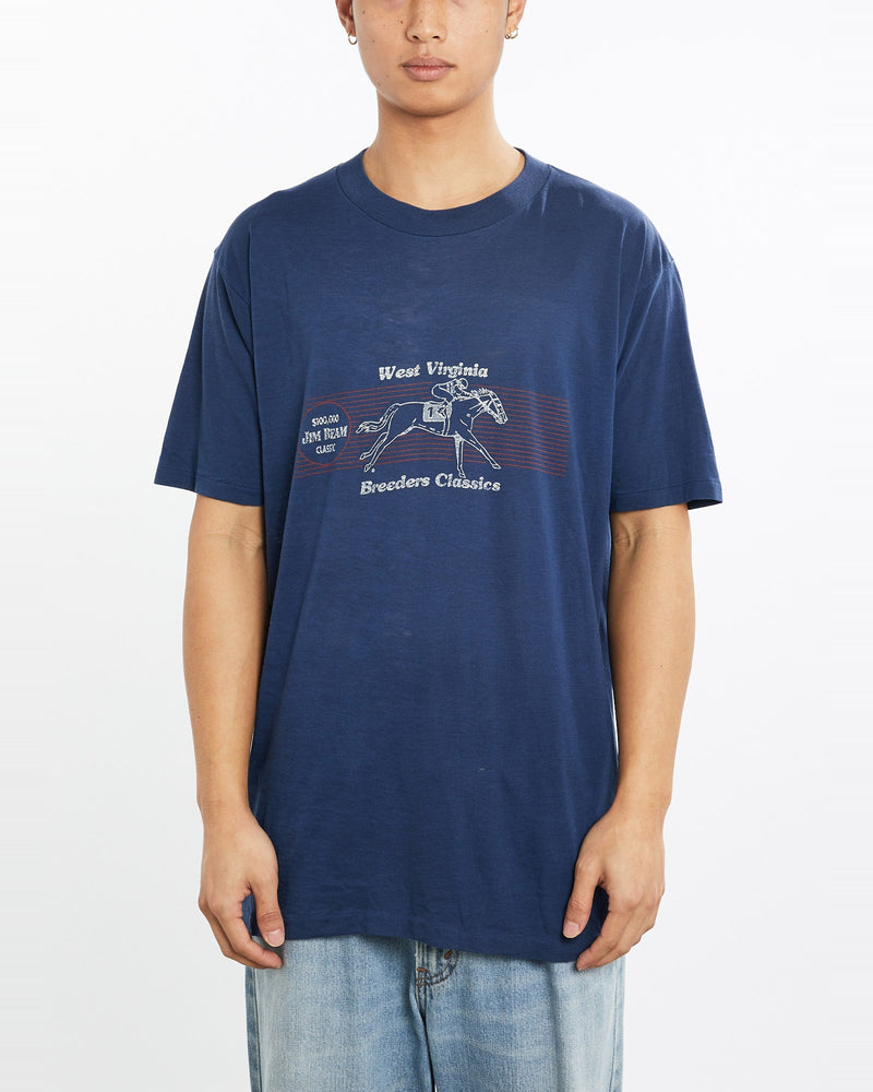 Vintage, 80s, Jim, Beam, Classic, Horse, Racing, Tee, The Real Deal, size large, colour Navy, newtown, sydney, australia, thrift store, opshop, preloved, secondhand, sustainable, retro, antique, 70s, 80s, 90s, 2000s, 00s, fashion, clothing, streetwear, trendy, garment, style, boutique, store, shop, archive, sale, cheap, best, top, T-Shirts