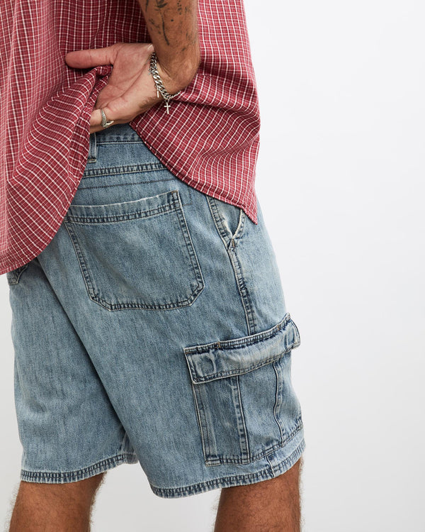 Vintage, Wrangler, Denim, Cargo, Shorts, The Real Deal, size 35", colour Blue, newtown, sydney, australia, thrift store, opshop, preloved, secondhand, sustainable, retro, antique, 70s, 80s, 90s, 2000s, 00s, fashion, clothing, streetwear, trendy, garment, style, boutique, store, shop, archive, sale, cheap, best, top, Shorts