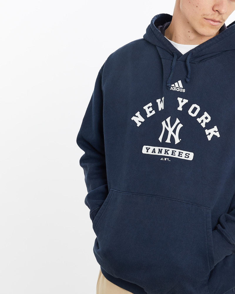 Vintage, Adidas, MLB, New, York, Yankees, Hooded, Sweatshirt, The Real Deal, size large, colour Navy, newtown, sydney, australia, thrift store, opshop, preloved, secondhand, sustainable, retro, antique, 70s, 80s, 90s, 2000s, 00s, fashion, clothing, streetwear, trendy, garment, style, boutique, store, shop, archive, sale, cheap, best, top, Sweats and hoodies