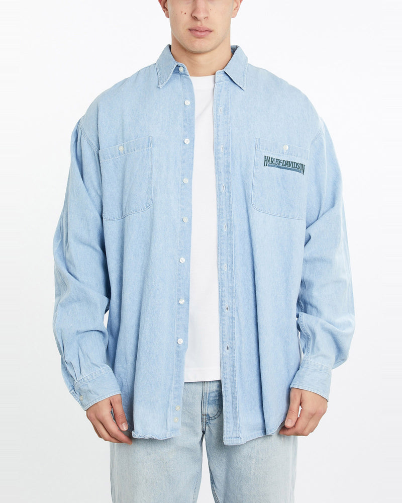 Vintage, 90s, Harley, Davidson, Denim, Button, Up, Shirt, The Real Deal, size XXXL, colour Blue, newtown, sydney, australia, thrift store, opshop, preloved, secondhand, sustainable, retro, antique, 70s, 80s, 90s, 2000s, 00s, fashion, clothing, streetwear, trendy, garment, style, boutique, store, shop, archive, sale, cheap, best, top, Shirts