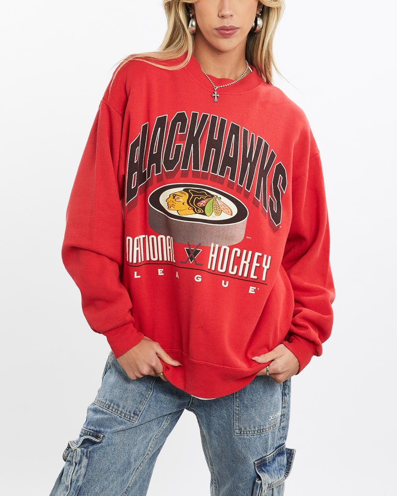 Vintage, 90s, NHL, Chicago, Blackhawks, Sweatshirt, The Real Deal, size small, colour Red, newtown, sydney, australia, thrift store, opshop, preloved, secondhand, sustainable, retro, antique, 70s, 80s, 90s, 2000s, 00s, fashion, clothing, streetwear, trendy, garment, style, boutique, store, shop, archive, sale, cheap, best, top, Sweats and hoodies