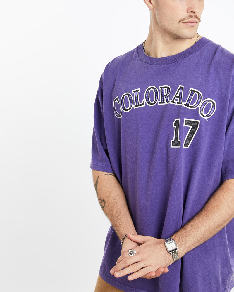 Vintage, MLB, Colorado, Rockies, Tee, The Real Deal, size extra large, colour Purple, newtown, sydney, australia, thrift store, opshop, preloved, secondhand, sustainable, retro, antique, 70s, 80s, 90s, 2000s, 00s, fashion, clothing, streetwear, trendy, garment, style, boutique, store, shop, archive, sale, cheap, best, top, T-Shirts