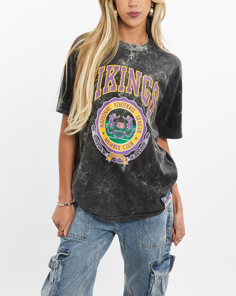 Vintage, 90s, NFL, Minnesota, Vikings, Acid, Wash, Tee, The Real Deal, size small, colour Black, newtown, sydney, australia, thrift store, opshop, preloved, secondhand, sustainable, retro, antique, 70s, 80s, 90s, 2000s, 00s, fashion, clothing, streetwear, trendy, garment, style, boutique, store, shop, archive, sale, cheap, best, top, T-Shirts