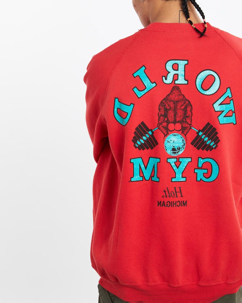 Vintage, 90s, World, Gym, Sweatshirt, The Real Deal, size large, colour Red, newtown, sydney, australia, thrift store, opshop, preloved, secondhand, sustainable, retro, antique, 70s, 80s, 90s, 2000s, 00s, fashion, clothing, streetwear, trendy, garment, style, boutique, store, shop, archive, sale, cheap, best, top, Sweats and hoodies