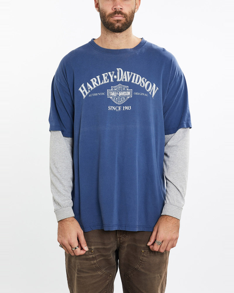 Vintage, Harley, Davidson, Long, Sleeve, Tee, The Real Deal, size extra large, colour Blue, newtown, sydney, australia, thrift store, opshop, preloved, secondhand, sustainable, retro, antique, 70s, 80s, 90s, 2000s, 00s, fashion, clothing, streetwear, trendy, garment, style, boutique, store, shop, archive, sale, cheap, best, top, T-Shirts