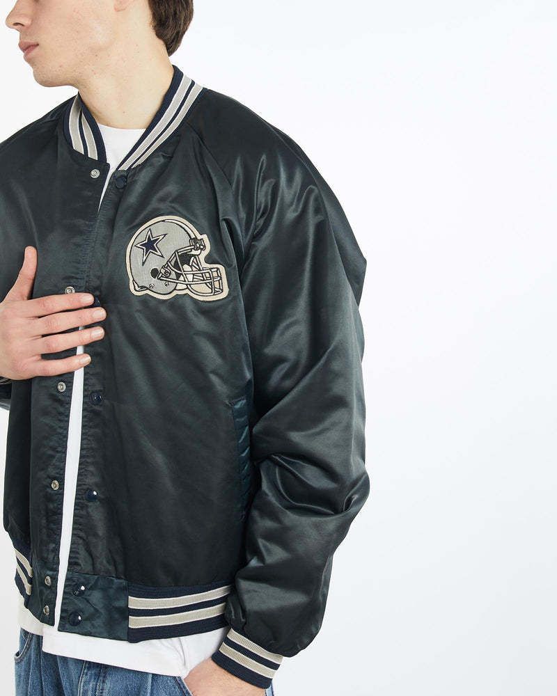 Vintage, 90s, NFL, Dallas, Cowboys, Satin, Bomber, Jacket, The Real Deal, size extra large, colour Navy, newtown, sydney, australia, thrift store, opshop, preloved, secondhand, sustainable, retro, antique, 70s, 80s, 90s, 2000s, 00s, fashion, clothing, streetwear, trendy, garment, style, boutique, store, shop, archive, sale, cheap, best, top, Jackets