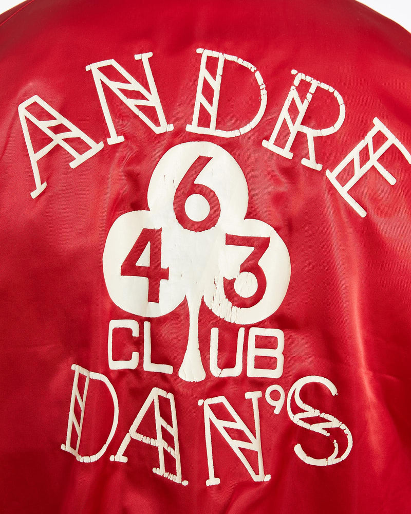 Vintage, 90s, Andre, Dan's, Club', Satin, Bomber, Jacket, The Real Deal, size large, colour Red, newtown, sydney, australia, thrift store, opshop, preloved, secondhand, sustainable, retro, antique, 70s, 80s, 90s, 2000s, 00s, fashion, clothing, streetwear, trendy, garment, style, boutique, store, shop, archive, sale, cheap, best, top, Jackets
