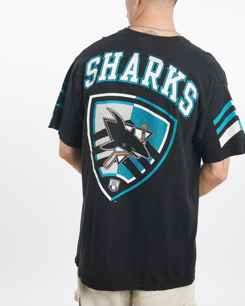 Vintage, 90s, NHL, San, Jose, Sharks, Tee, The Real Deal, size extra large, colour Black, newtown, sydney, australia, thrift store, opshop, preloved, secondhand, sustainable, retro, antique, 70s, 80s, 90s, 2000s, 00s, fashion, clothing, streetwear, trendy, garment, style, boutique, store, shop, archive, sale, cheap, best, top, T-Shirts