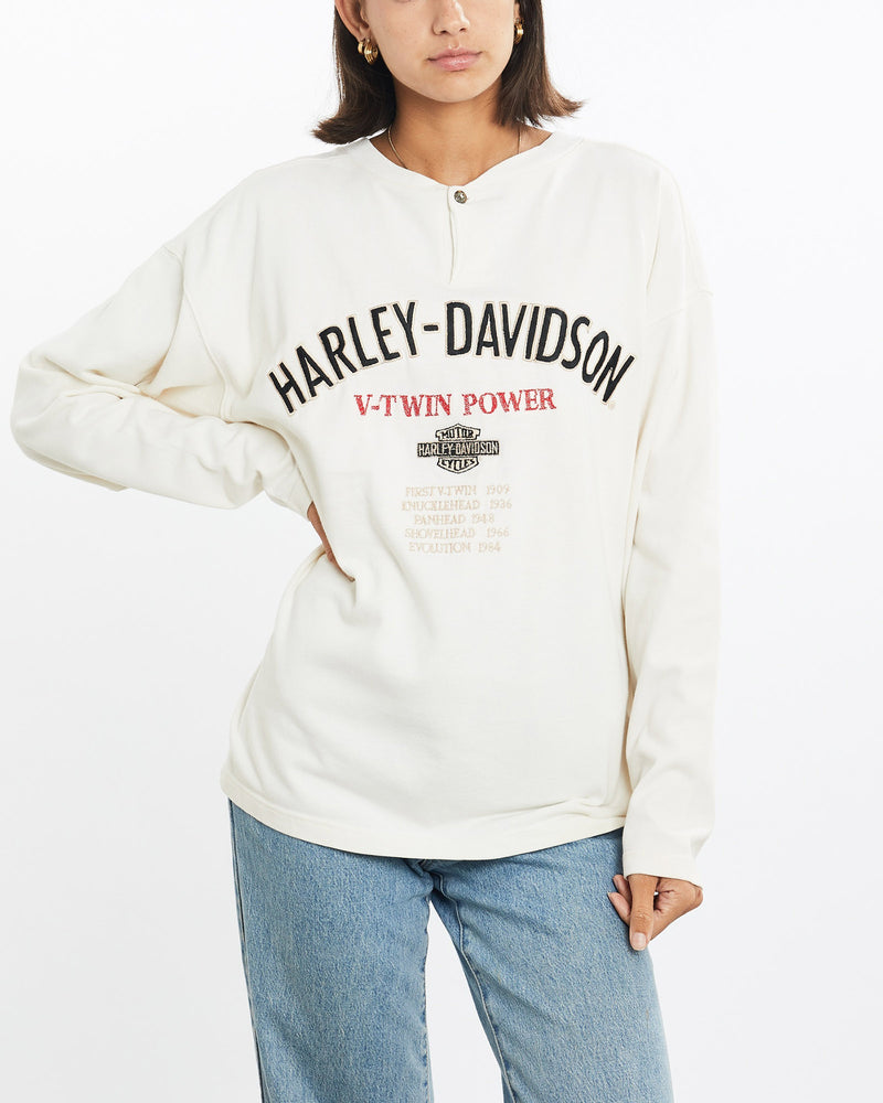 Vintage, Harley, Davidson, Long, Sleeve, Henley, Tee, The Real Deal, size medium, colour Beige, newtown, sydney, australia, thrift store, opshop, preloved, secondhand, sustainable, retro, antique, 70s, 80s, 90s, 2000s, 00s, fashion, clothing, streetwear, trendy, garment, style, boutique, store, shop, archive, sale, cheap, best, top, T-Shirts