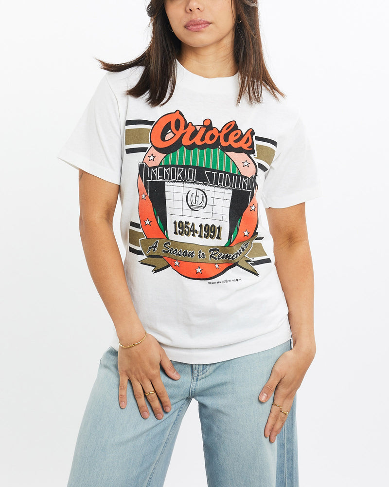 Vintage, 1991, MLB, Baltimore, Orioles, Tee, The Real Deal, size double extra small, colour White, newtown, sydney, australia, thrift store, opshop, preloved, secondhand, sustainable, retro, antique, 70s, 80s, 90s, 2000s, 00s, fashion, clothing, streetwear, trendy, garment, style, boutique, store, shop, archive, sale, cheap, best, top, T-Shirts