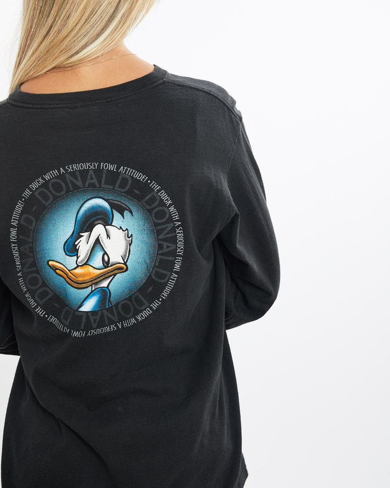 Vintage, 90s, Disney, Donald, Duck, Long, Sleeve, Tee, The Real Deal, size small, colour Black, newtown, sydney, australia, thrift store, opshop, preloved, secondhand, sustainable, retro, antique, 70s, 80s, 90s, 2000s, 00s, fashion, clothing, streetwear, trendy, garment, style, boutique, store, shop, archive, sale, cheap, best, top, T-Shirts