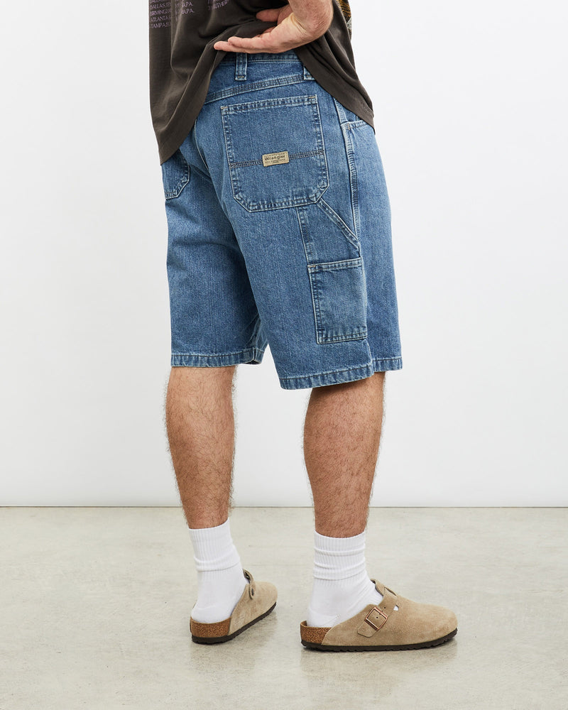 Vintage, Wrangler, Denim, Carpenter, Shorts, The Real Deal, size 34", colour Blue, newtown, sydney, australia, thrift store, opshop, preloved, secondhand, sustainable, retro, antique, 70s, 80s, 90s, 2000s, 00s, fashion, clothing, streetwear, trendy, garment, style, boutique, store, shop, archive, sale, cheap, best, top, Shorts