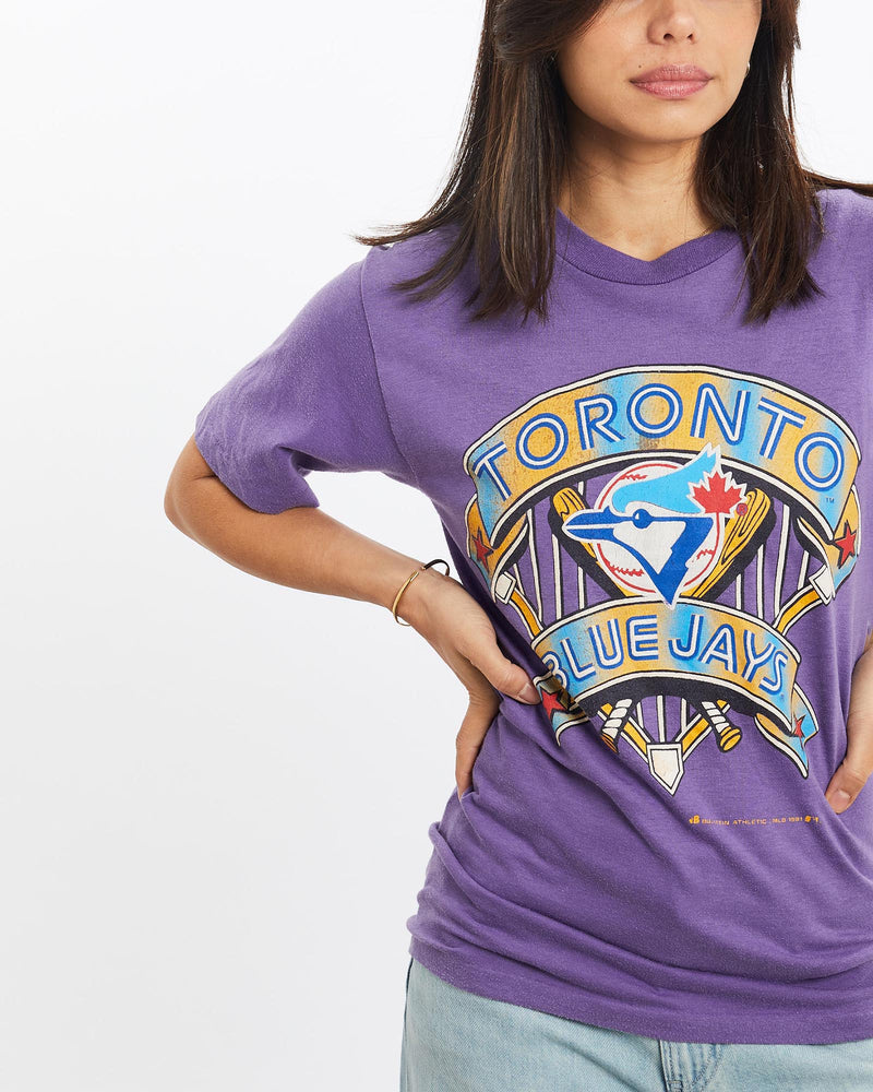 Vintage, 1991, MLB, Toronto, Blue, Jays, Tee, The Real Deal, size double extra small, colour Purple, newtown, sydney, australia, thrift store, opshop, preloved, secondhand, sustainable, retro, antique, 70s, 80s, 90s, 2000s, 00s, fashion, clothing, streetwear, trendy, garment, style, boutique, store, shop, archive, sale, cheap, best, top, T-Shirts