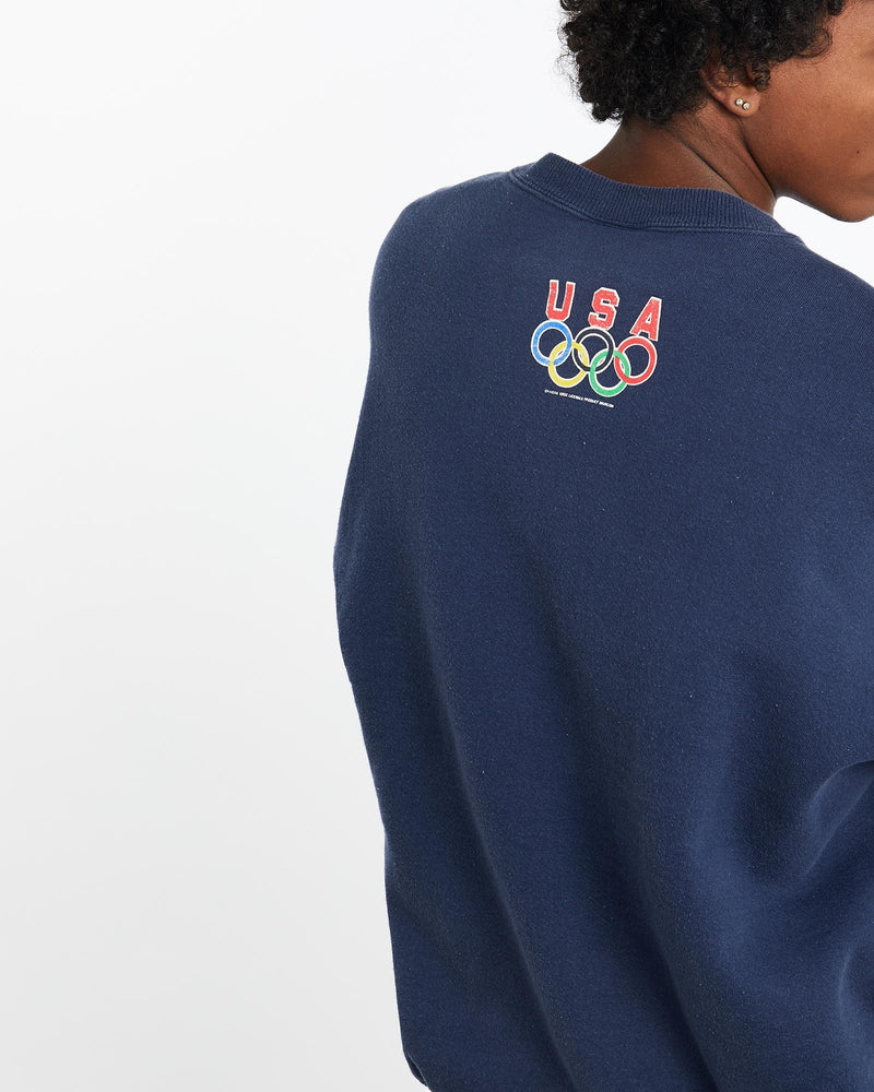 Vintage, 1996, Olympics, Jeopardy, Sponsor, Sweatshirt, The Real Deal, size large, colour Navy, newtown, sydney, australia, thrift store, opshop, preloved, secondhand, sustainable, retro, antique, 70s, 80s, 90s, 2000s, 00s, fashion, clothing, streetwear, trendy, garment, style, boutique, store, shop, archive, sale, cheap, best, top, Sweats and hoodies