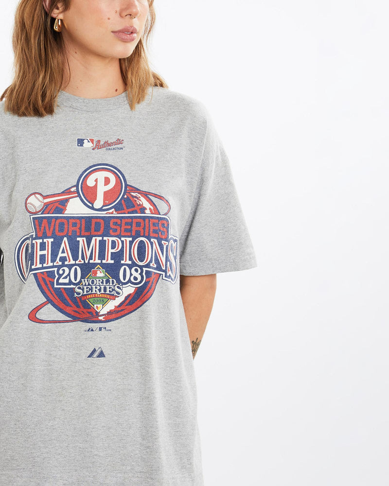 Vintage, MLB, Philadelphia, Phillies, World, Series, Tee, The Real Deal, size medium, colour Grey, newtown, sydney, australia, thrift store, opshop, preloved, secondhand, sustainable, retro, antique, 70s, 80s, 90s, 2000s, 00s, fashion, clothing, streetwear, trendy, garment, style, boutique, store, shop, archive, sale, cheap, best, top, T-Shirts