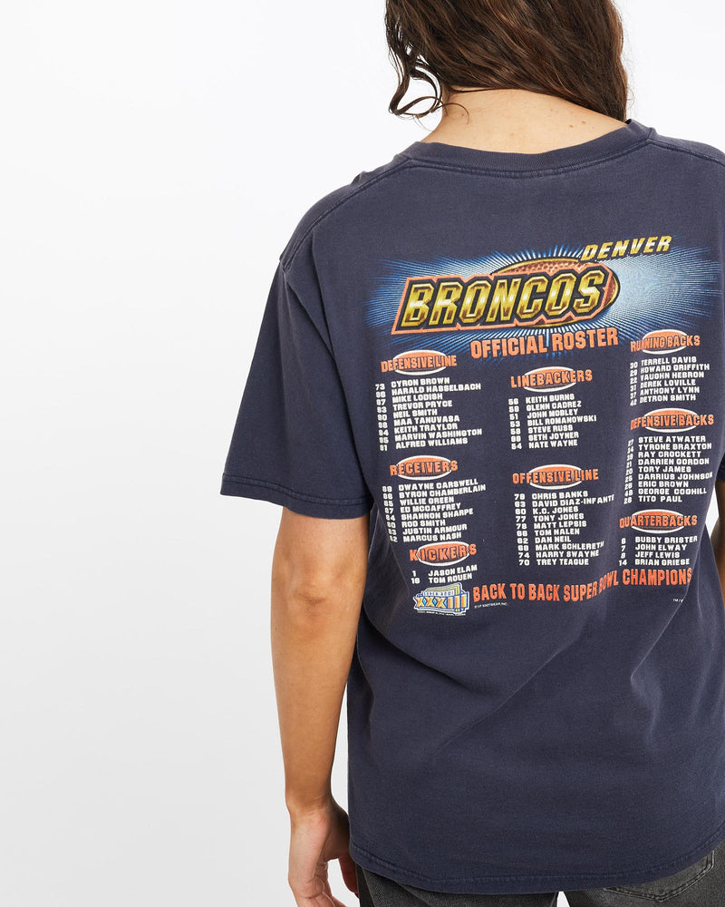 Vintage, 1999, NFL, Denver, Broncos, Super, Bowl, Tee, The Real Deal, size medium, colour Navy, newtown, sydney, australia, thrift store, opshop, preloved, secondhand, sustainable, retro, antique, 70s, 80s, 90s, 2000s, 00s, fashion, clothing, streetwear, trendy, garment, style, boutique, store, shop, archive, sale, cheap, best, top, T-Shirts