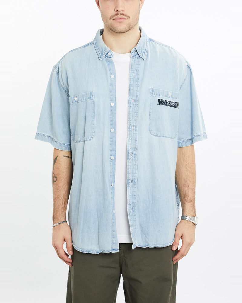 Vintage, Harley, Davidson, Short, Sleeve, Denim, Button, Up, Shirt, The Real Deal, size extra large, colour Blue, newtown, sydney, australia, thrift store, opshop, preloved, secondhand, sustainable, retro, antique, 70s, 80s, 90s, 2000s, 00s, fashion, clothing, streetwear, trendy, garment, style, boutique, store, shop, archive, sale, cheap, best, top, Shirts