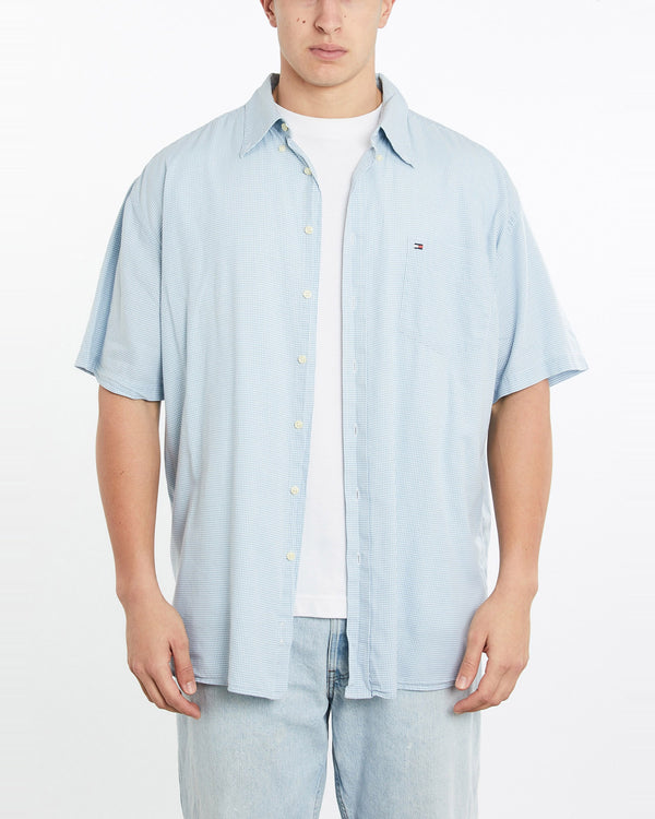 Vintage, 90s, Tommy, Hilfiger, Short, Sleeve, Button, Up, Shirt, The Real Deal, size double extra large, colour Blue, newtown, sydney, australia, thrift store, opshop, preloved, secondhand, sustainable, retro, antique, 70s, 80s, 90s, 2000s, 00s, fashion, clothing, streetwear, trendy, garment, style, boutique, store, shop, archive, sale, cheap, best, top, Shirts